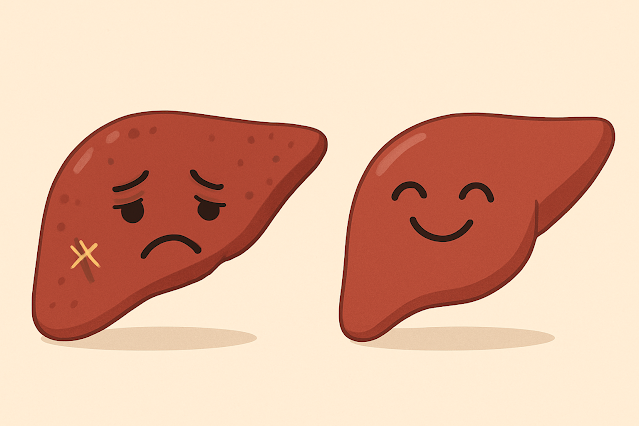Comparison illustration of a fatty liver (NAFLD) versus a healthy liver.